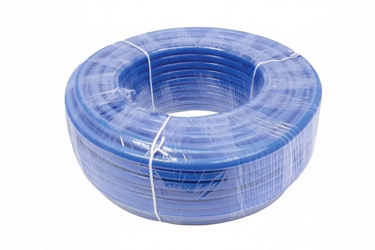 Blue PU braided hose coil wrapped in clear plastic with white straps and a label bearing an ASTA logo and barcode