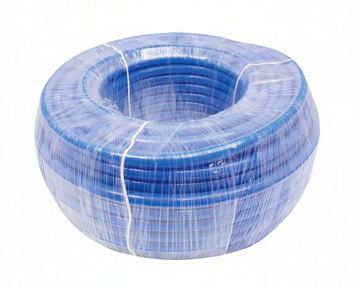 Packaged blue PU braided hose coil wrapped in clear plastic with ASTA label and straps