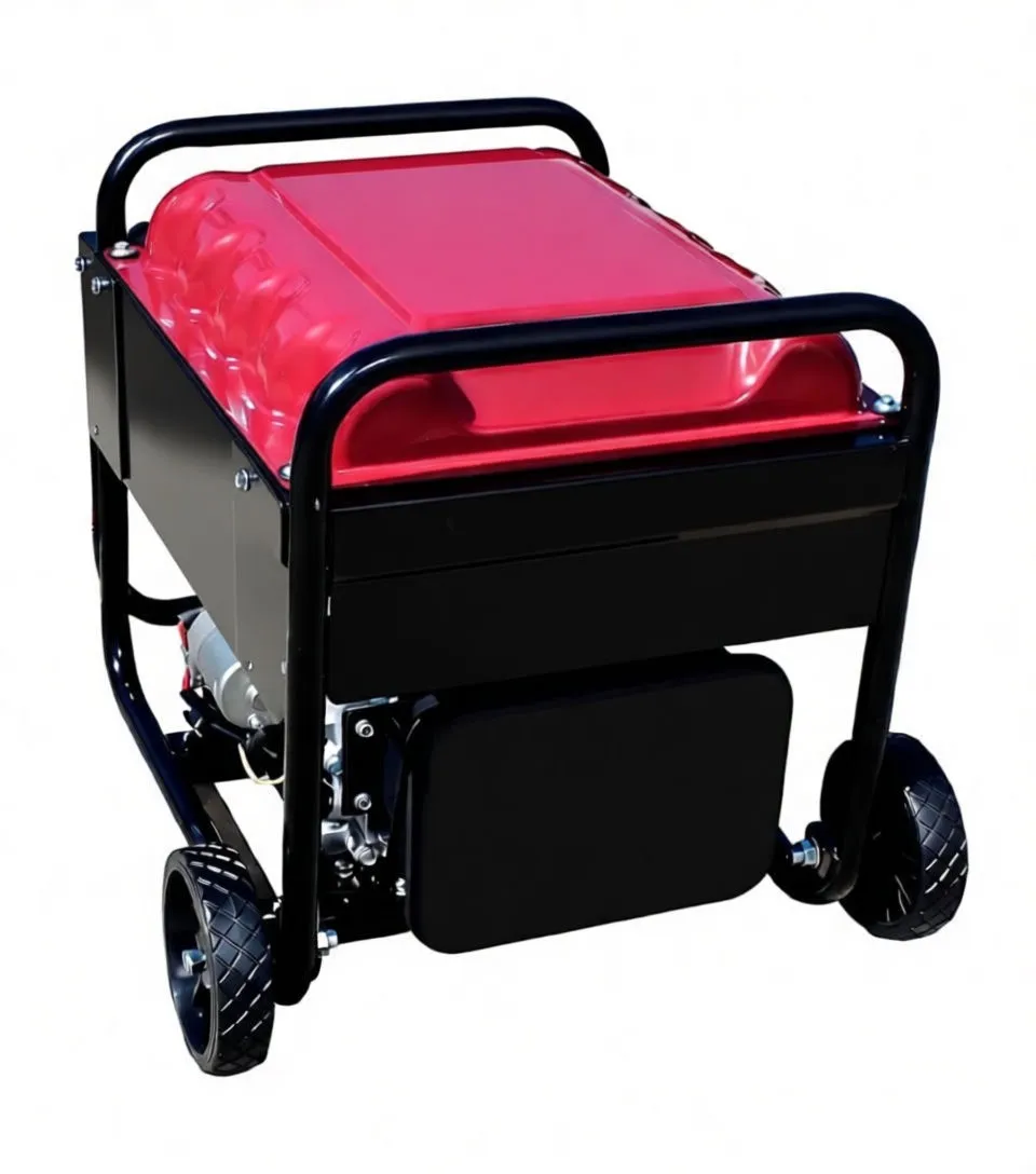 Rear-side shot of the inverter generator showing engine, exhaust, wheel and accessories arranged beside it.