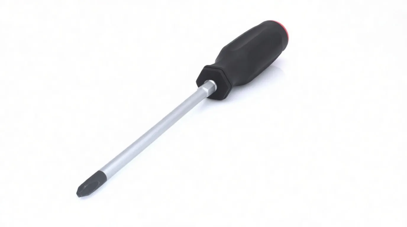 Angled view of screwdriver showing engraved shaft marking, hex bolster and Pozidriv tip