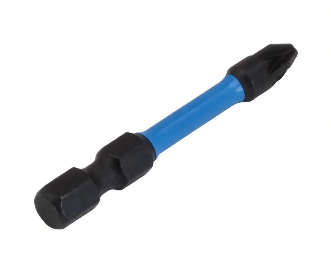 Angled view of ASTA blue-coated double-ended bit with black hex shank and PZ2 tip