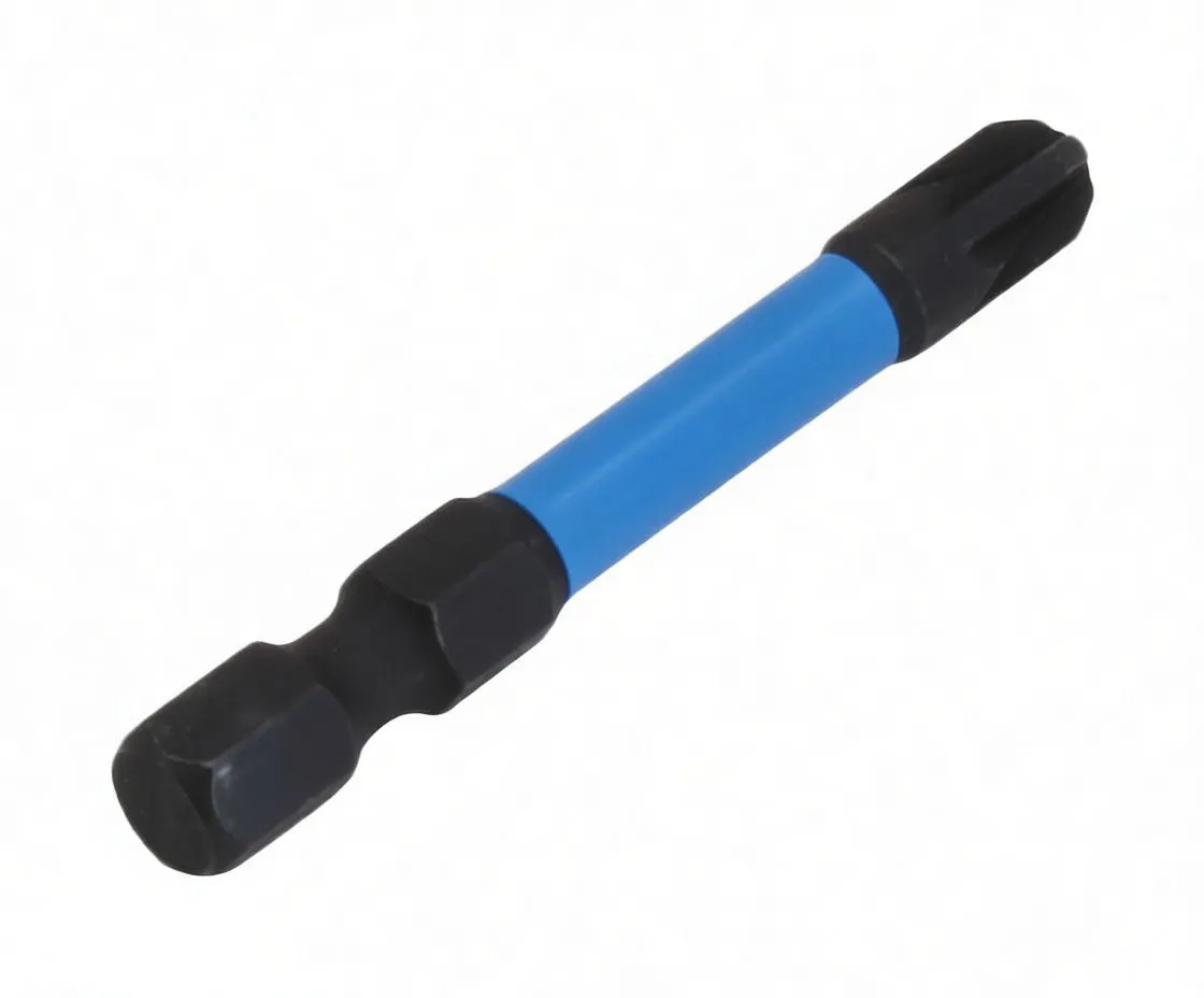 Angled view of a PZ3 driver bit with ASTA logo on a blue sleeve and black hex shank ends