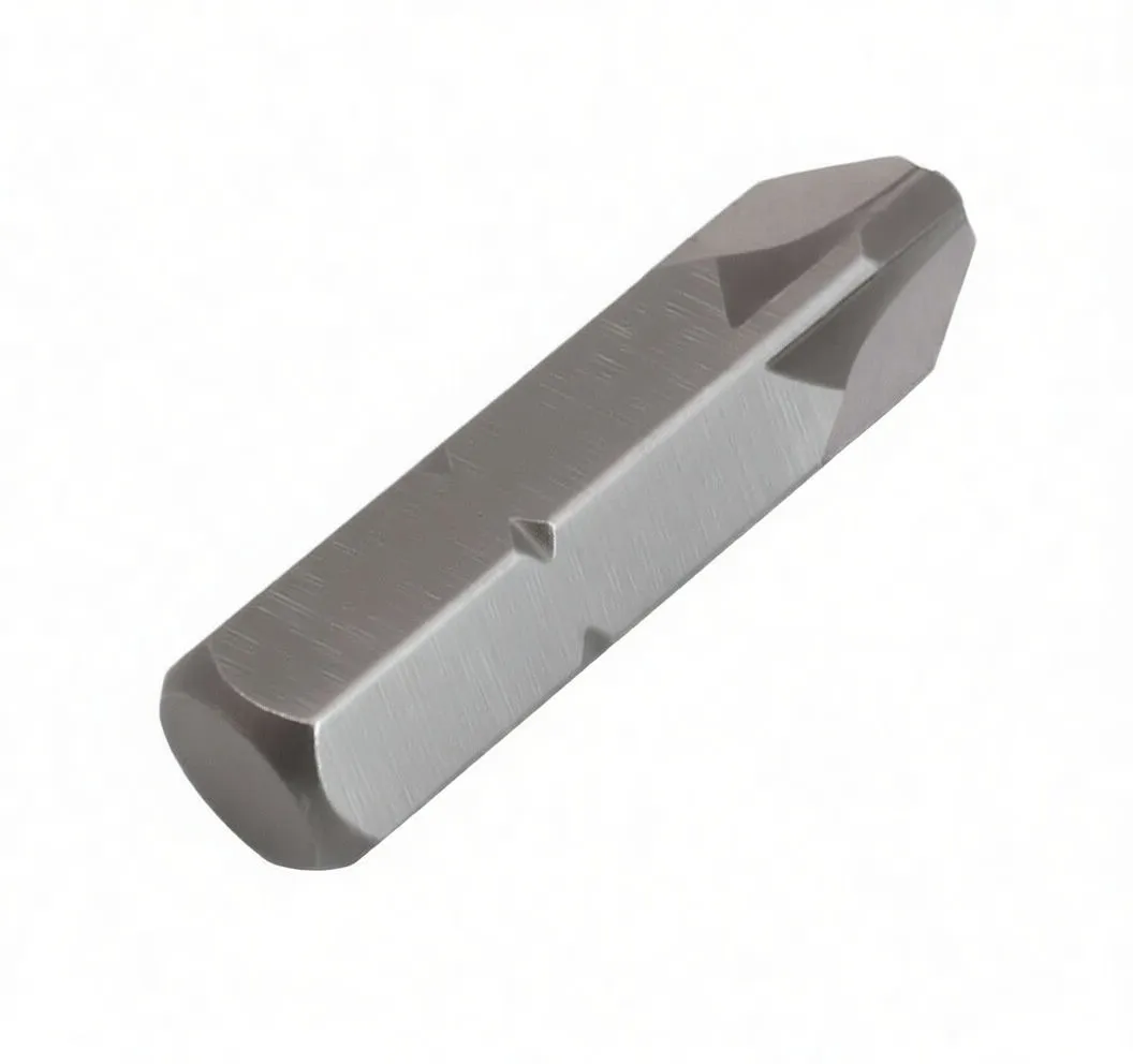 Angled view of a hexagonal metal Pozidriv PZ3 bit with ASTA engraving running along its side.