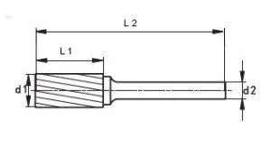 Dimensioned line drawing of cylindrical milling cutter showing L1, L2, d1, d2