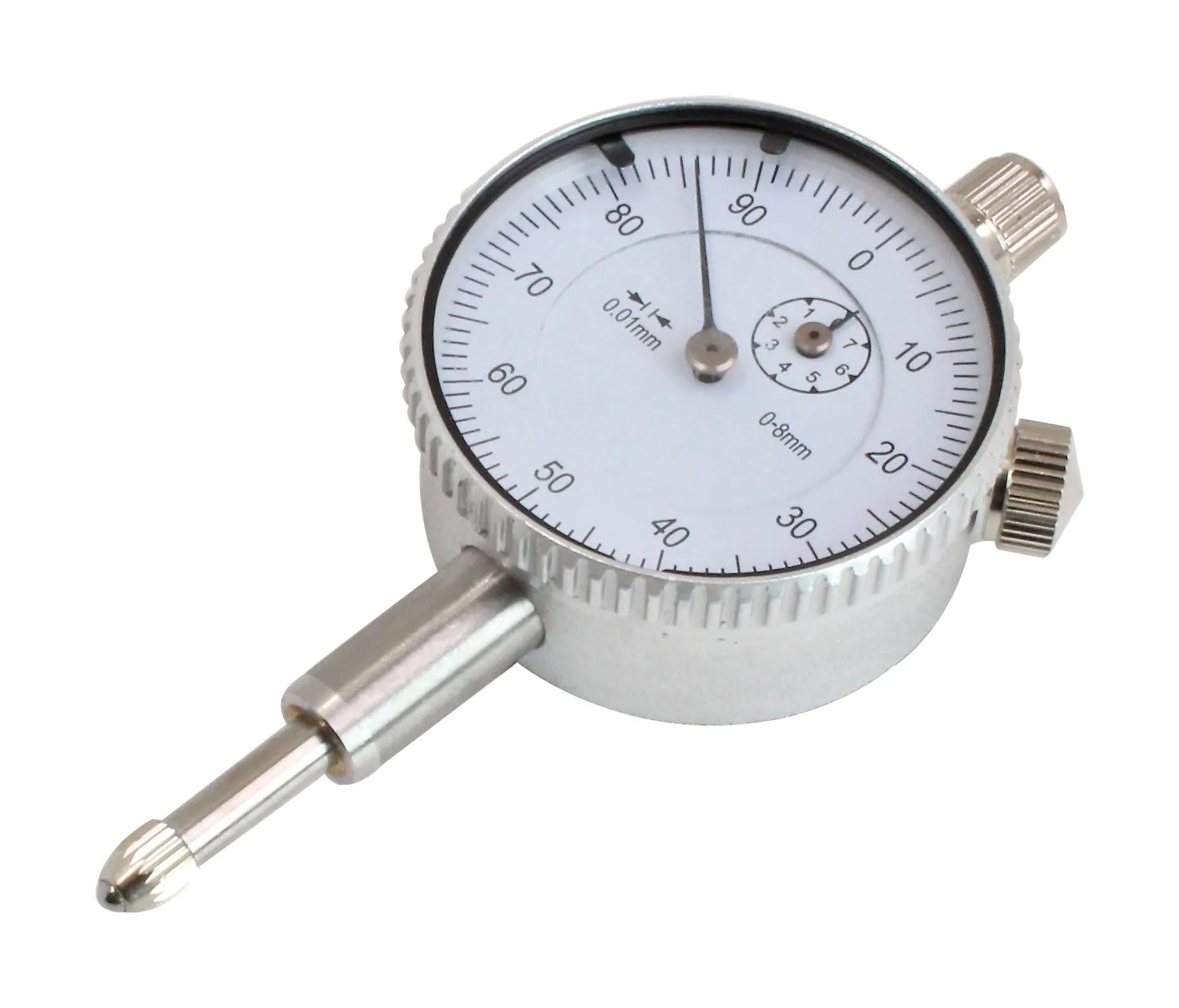 Close-up of metal dial indicator showing white dial face, small revolution counter, '0.01mm' and '0-8mm' markings, and the probe tip