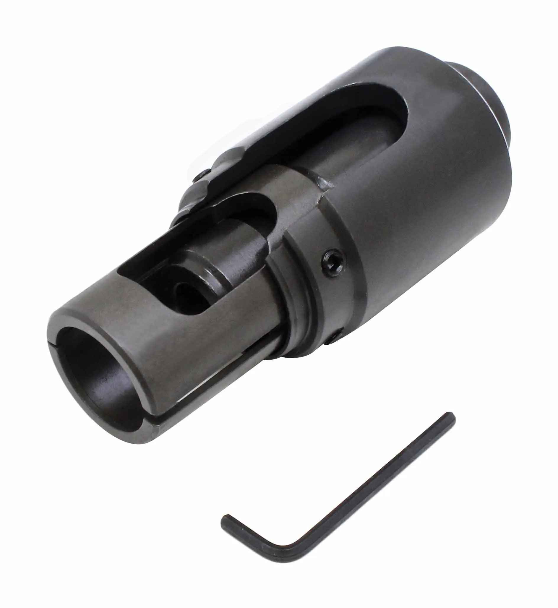 Close-up of dark metal injector extractor and hex key showing hollow front, slot cutouts and set screw