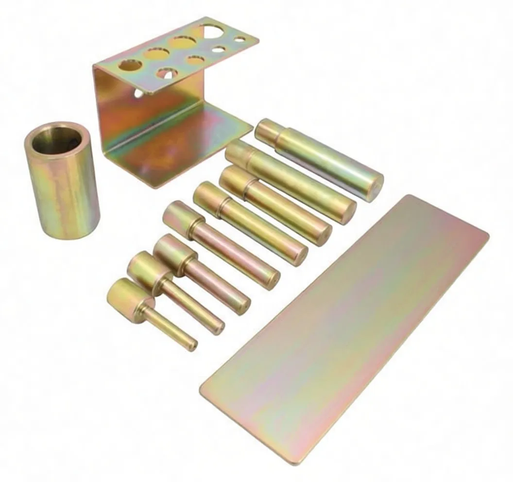 Disassembled press pin adapter kit showing bracket, hollow sleeve, multiple press pins of varying sizes and the hole gauge plate
