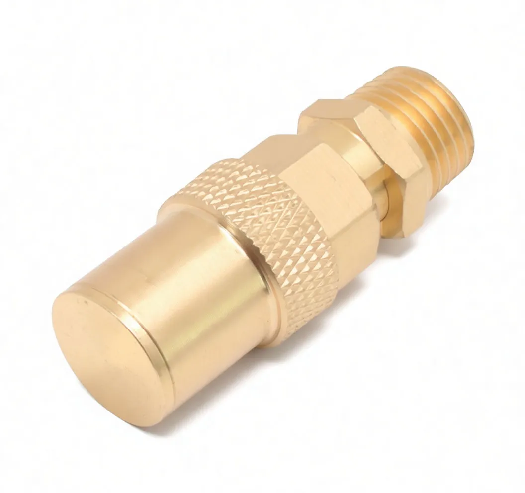 Close angled shot of brass safety valve showing male threads, hex flats, knurled collar and engraved text around the cylindrical cap.