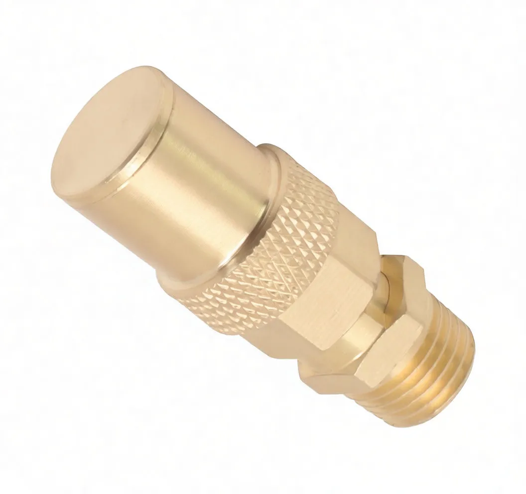 Diagonal view of brass safety valve highlighting vent hole in cap, knurled collar, hex nut and male threads; engraved pressure/part markings visible.