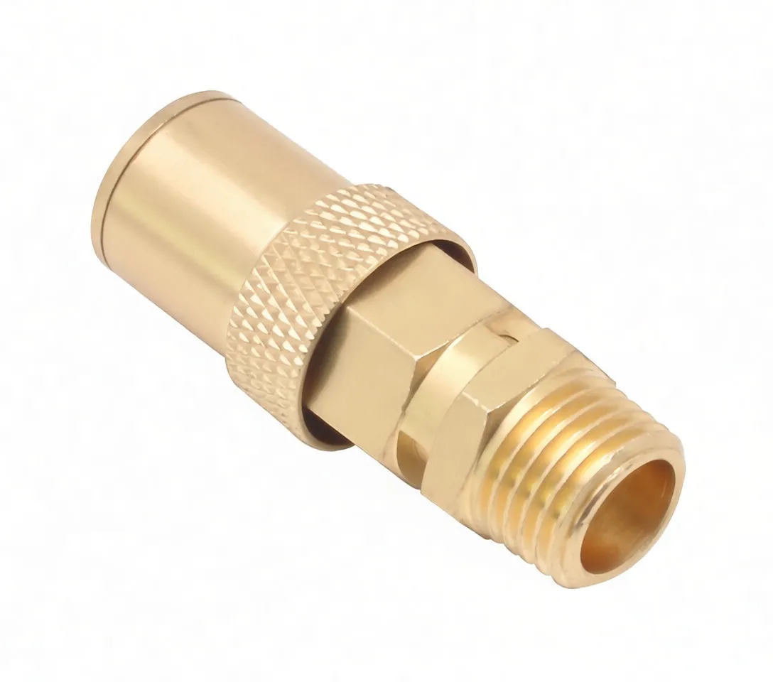 Top-down close-up of brass safety valve showing internal bore of male thread, hex flats, knurled collar and engraved text on the cap.