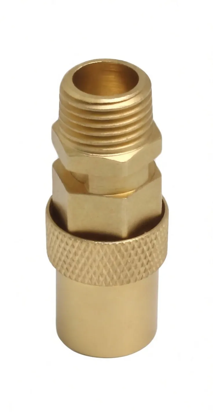Side-angle of brass safety valve showing male threads, hex nut, knurled sleeve and engraved text on the cap