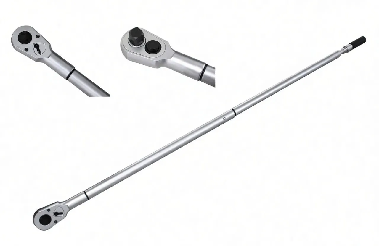 Assembled long torque wrench laid diagonally, showing ratchet head, telescoping joint and adjustment grip.