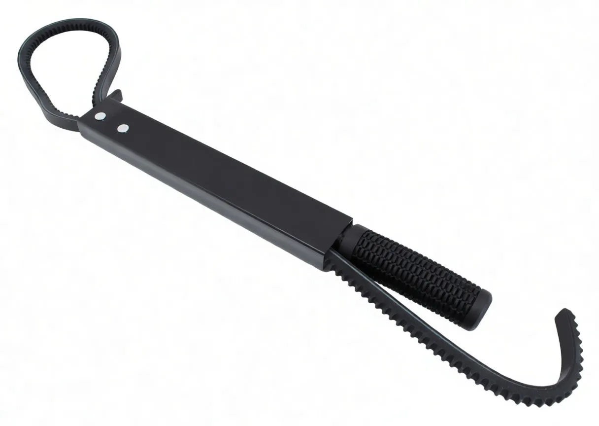Full view of black pulley removing wrench with rectangular body, ribbed grip and toothed adjustable strap
