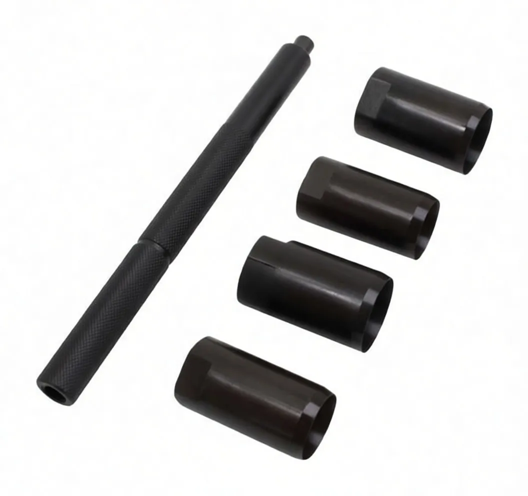 Knurled steel driver and four black hollow socket cutters displayed on white background