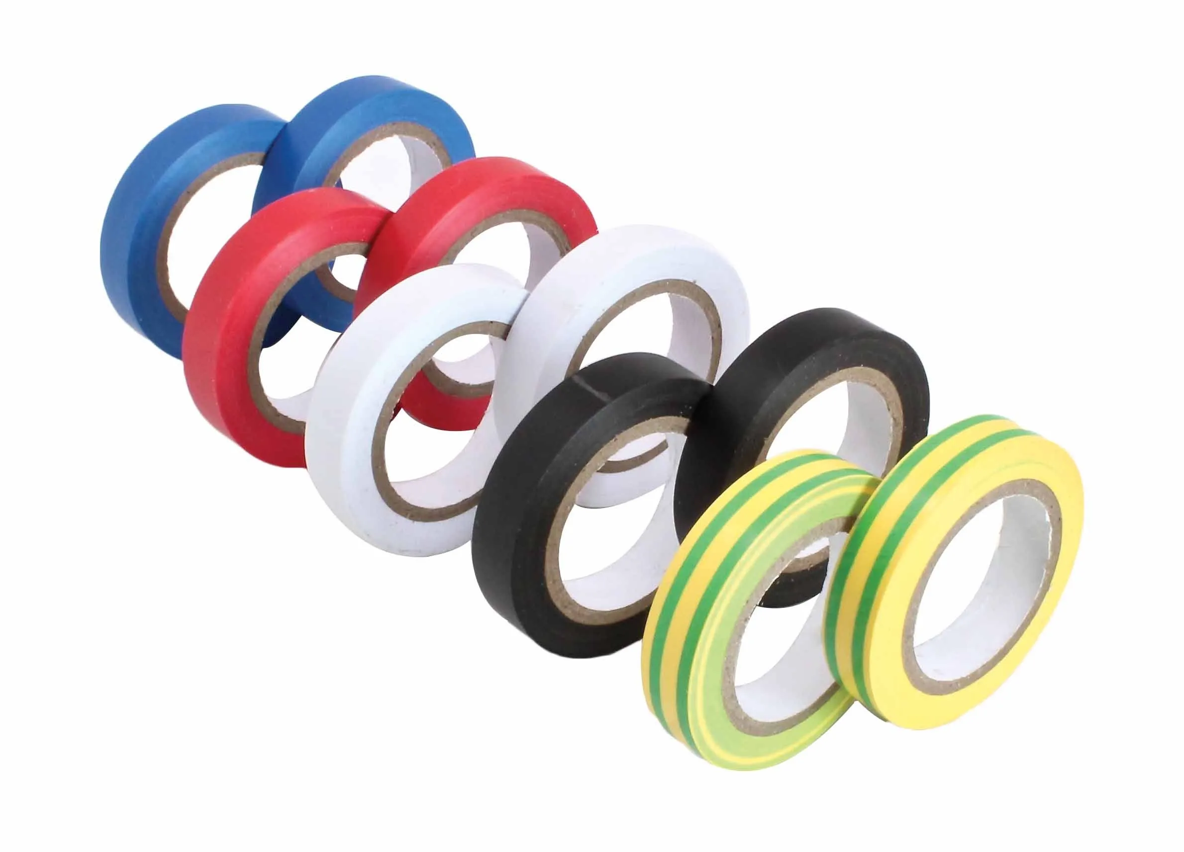 Diagonal row of colored PVC insulation tape rolls showing cardboard cores and PVC edges