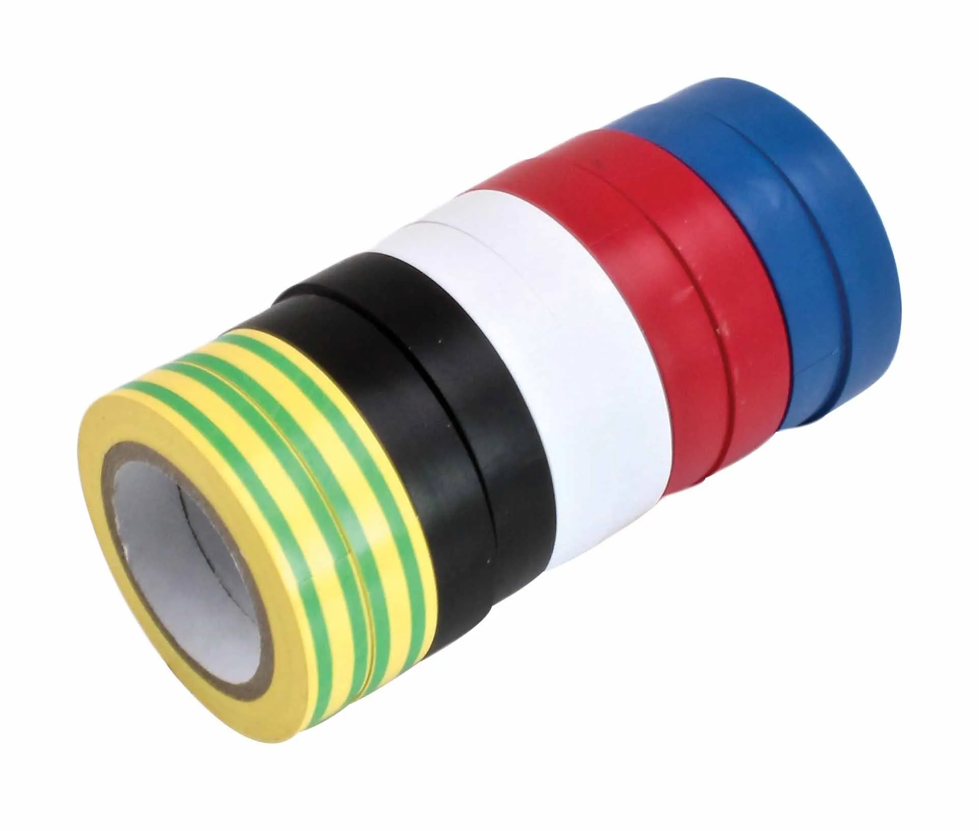 Stacked rolls of PVC insulation tape in green-yellow, black, white, red and blue showing layers and cardboard cores