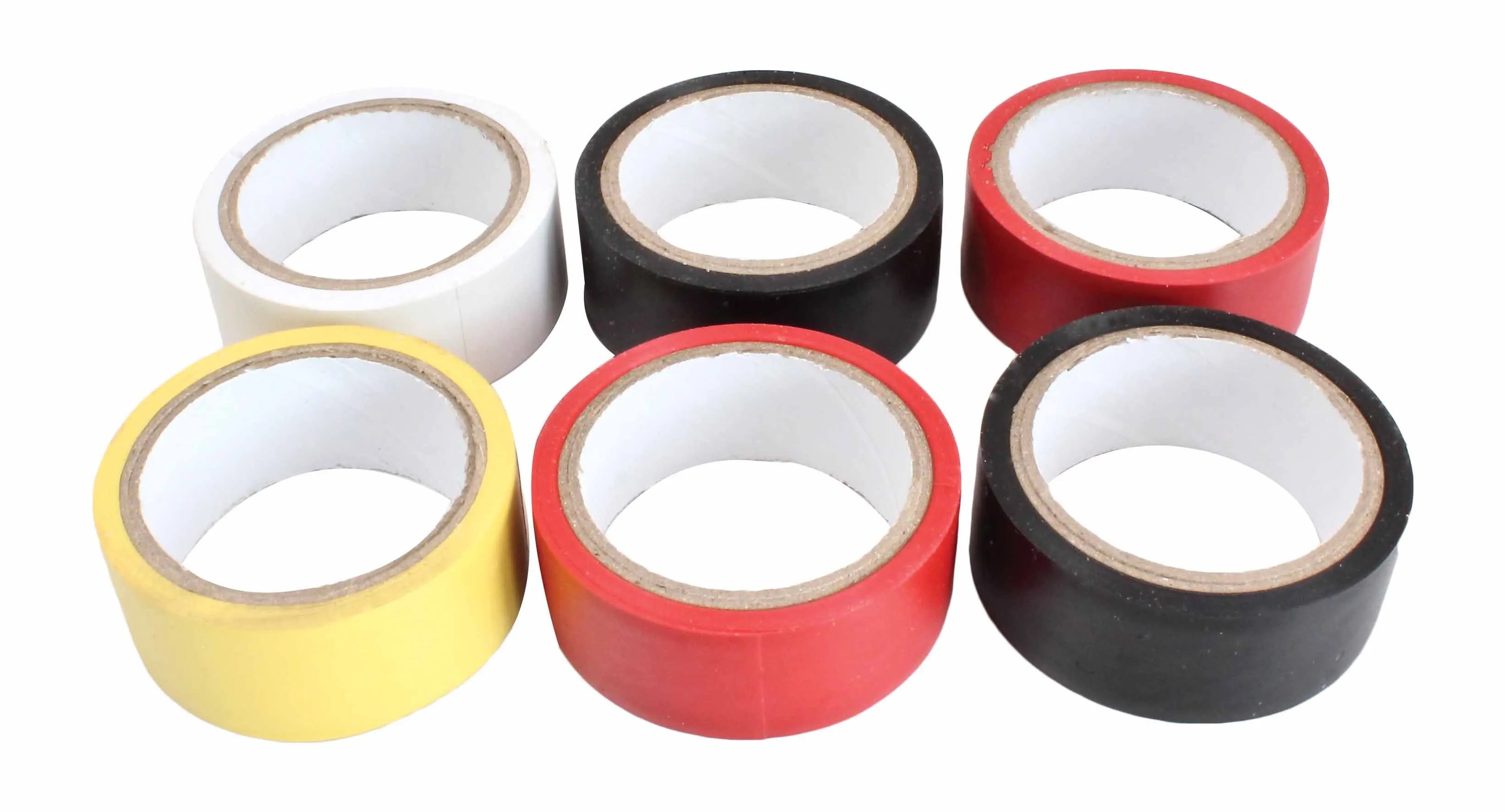 Six rolls of PVC electrical tape laid out on white background in two rows, colors include black, red, yellow and white