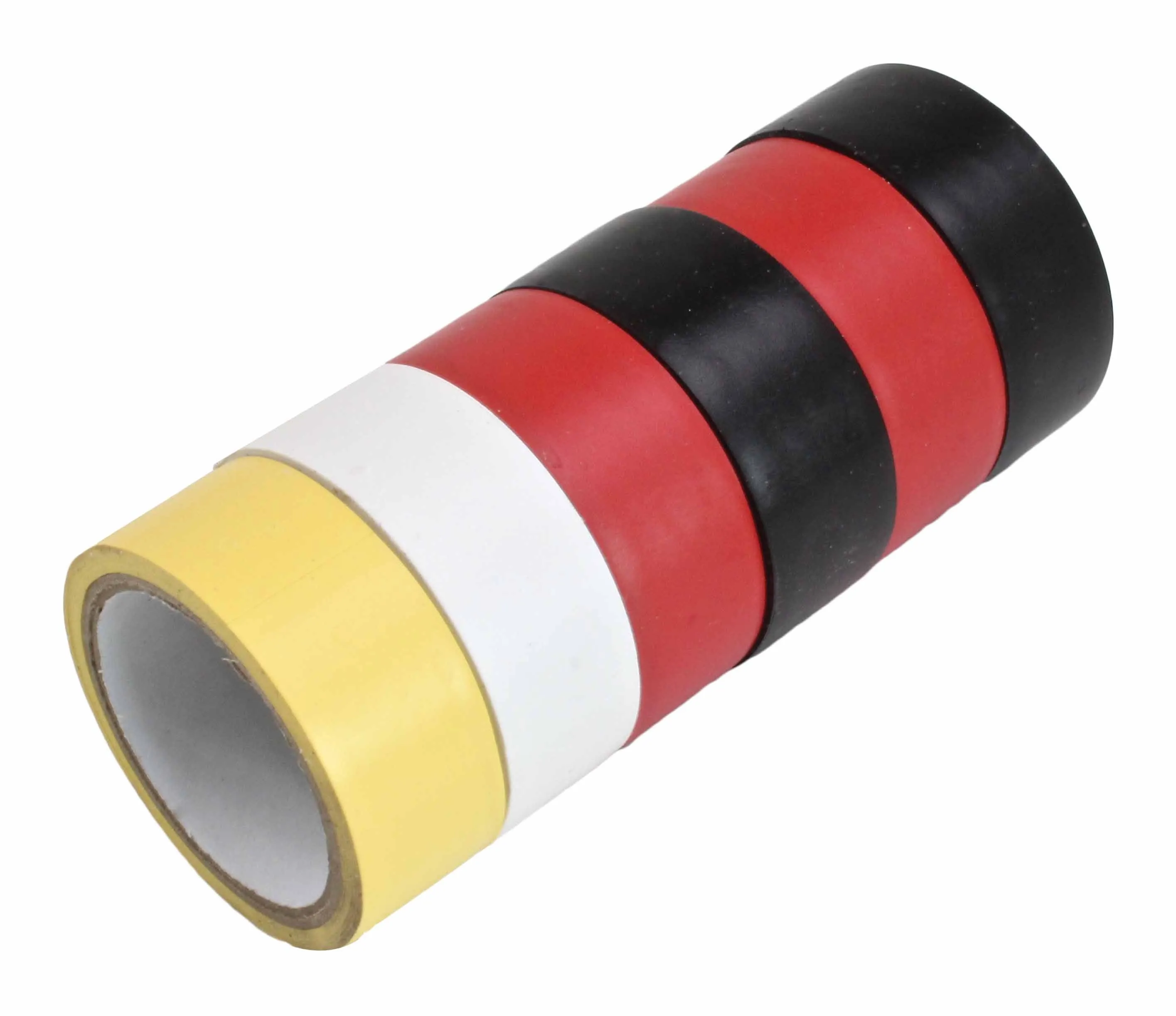 Stacked column of six PVC insulation tape rolls in alternating colors (yellow, white, red, black)