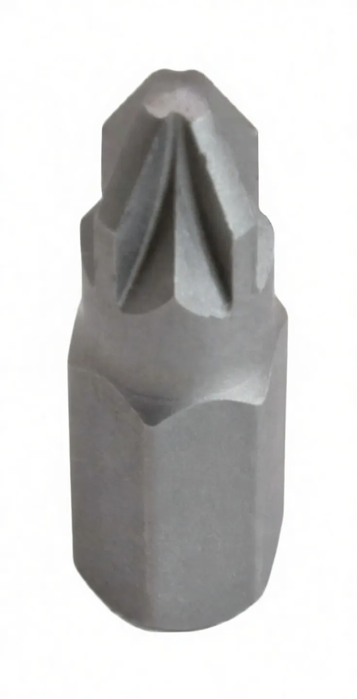 Tilted view of Pozidriv PZ1 screwdriver bit showing hex shank and embossed brand