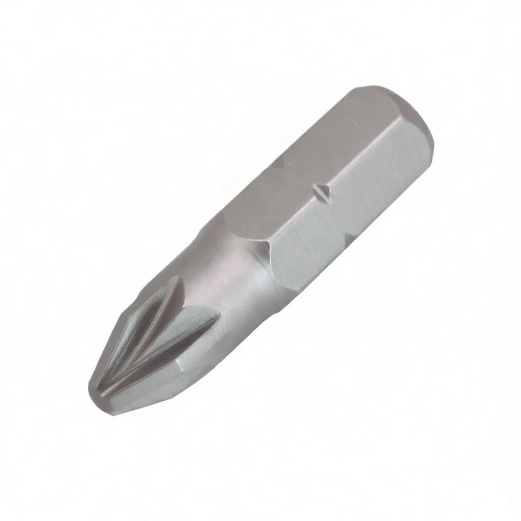 Angled side view of a short 1/4" hex Pozidriv (PZ2) screwdriver bit with engraved logo