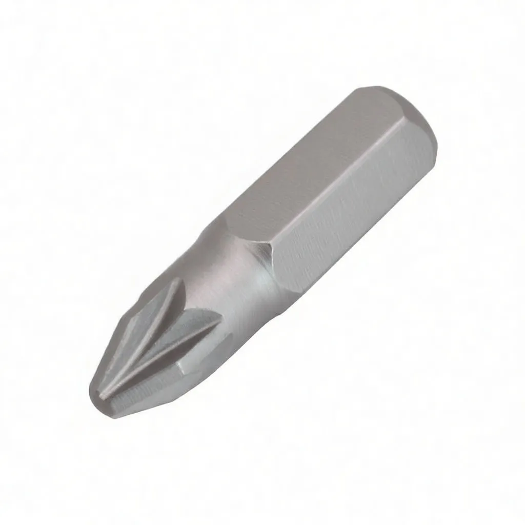 Oblique view of a metal Pozidriv PZ2 bit showing tip flutes and engraved brand on hex shank