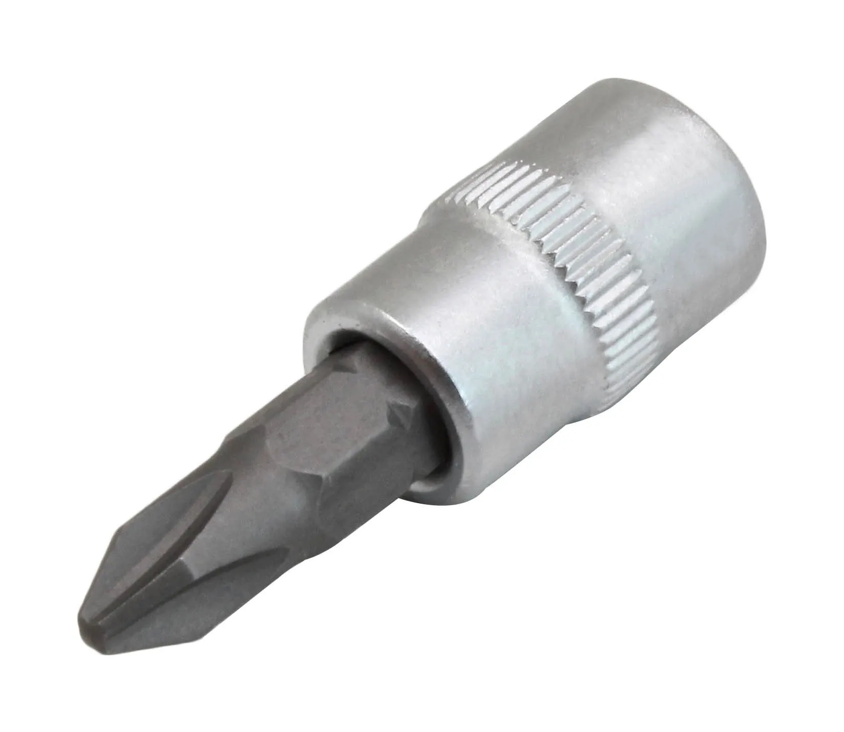 Angled view of Pozidriv PZ3 bit inserted in a silver socket with knurled grip, tip visible