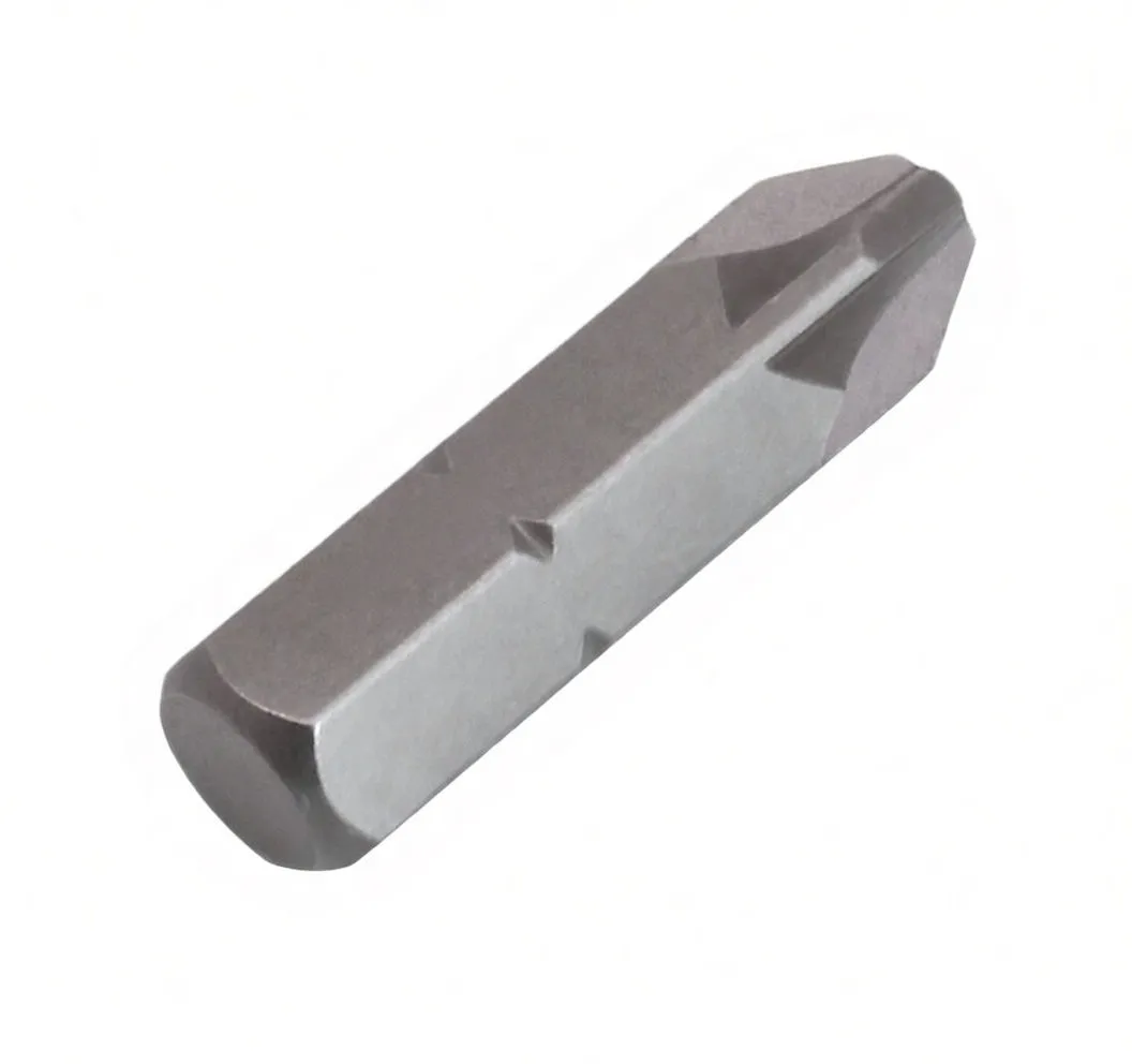 Rotated image of a short hexagonal screwdriver bit showing the drive end, ASTA engraving, and Pozidriv tip at the opposite end.