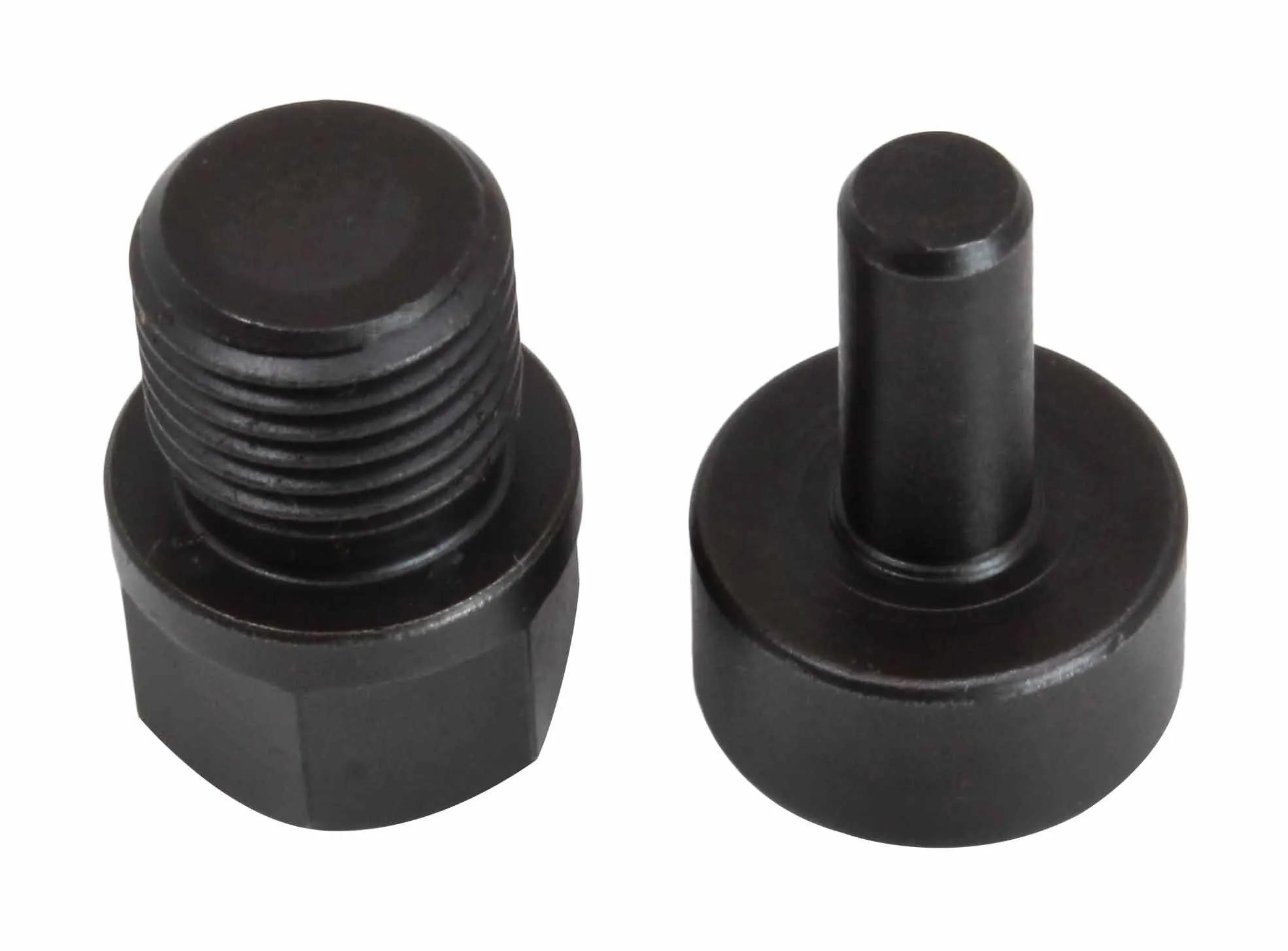 Top view of threaded hex anvil and round-flanged mandrel from a rivet stake kit, showing threads and shaft