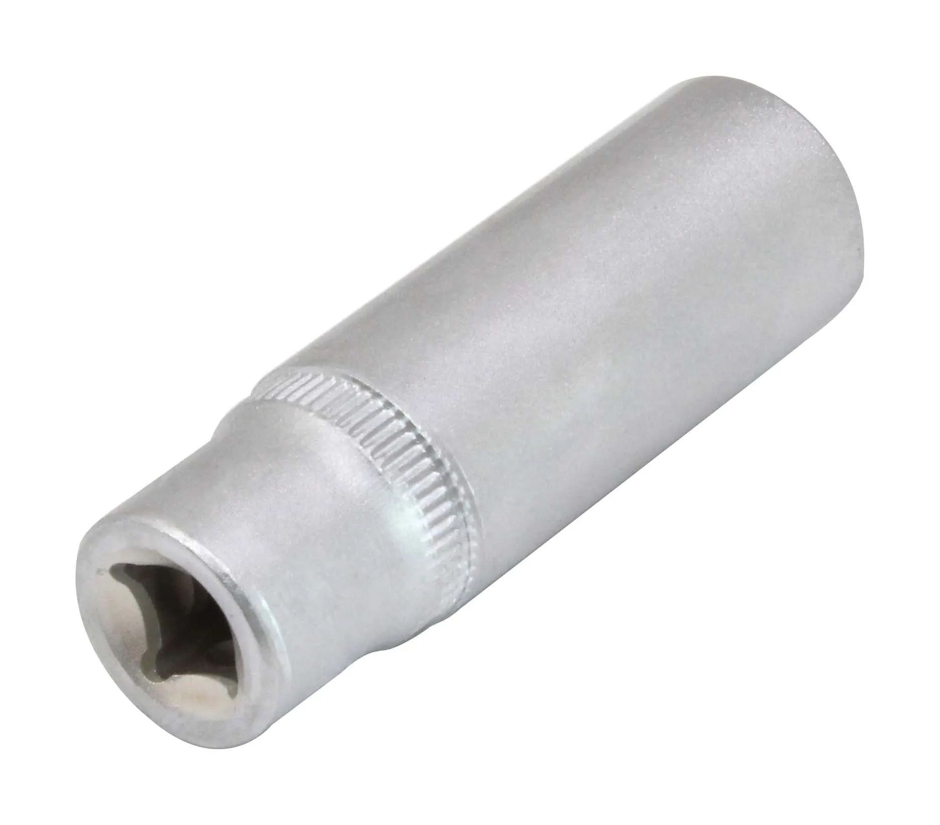 Long socket lying diagonally showing the 1/4" square drive recess and knurled grip band