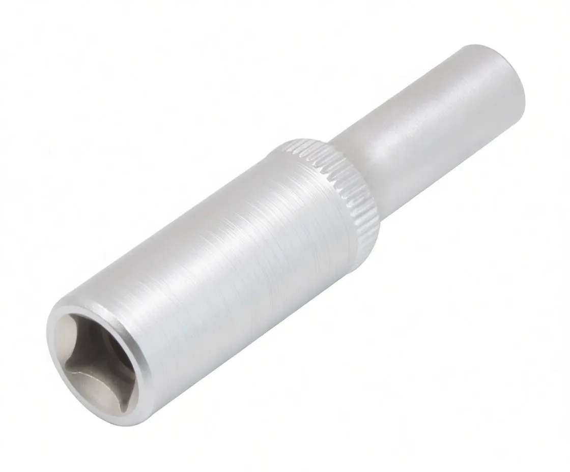 Long 12-point socket viewed from the larger end, showing internal profile, knurled ring and side marking