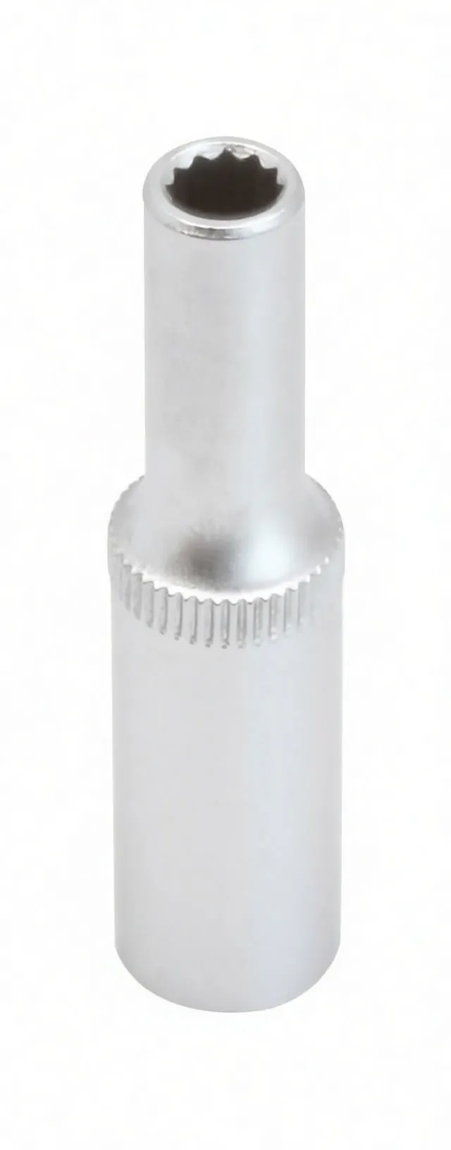 Vertical view of a 12-point long socket showing internal recess, knurled shoulder, and embossed logo