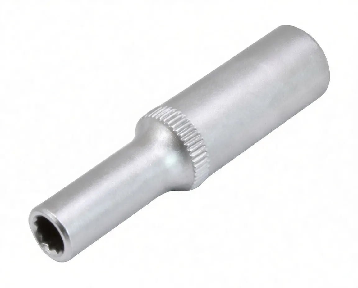 Perspective of long 12-point socket showing thin extension, knurled ring and brand marking