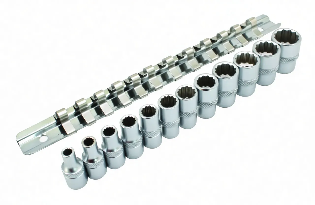 Front row of 12 short chrome sockets clipped onto a metal rail, showing 12-point openings and knurled bodies.