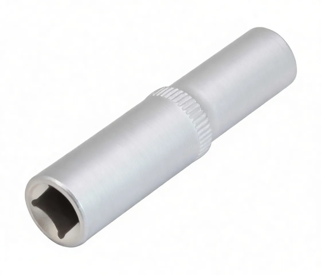 Angled view of long socket showing square drive recess, knurled mid band and embossed logo