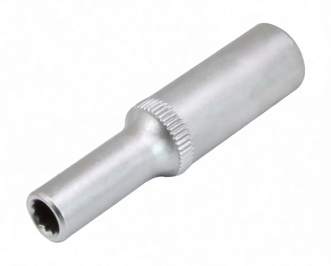 Oblique view of a long 1/4-inch 12-point socket highlighting the extended tip, knurled collar and embossed marking