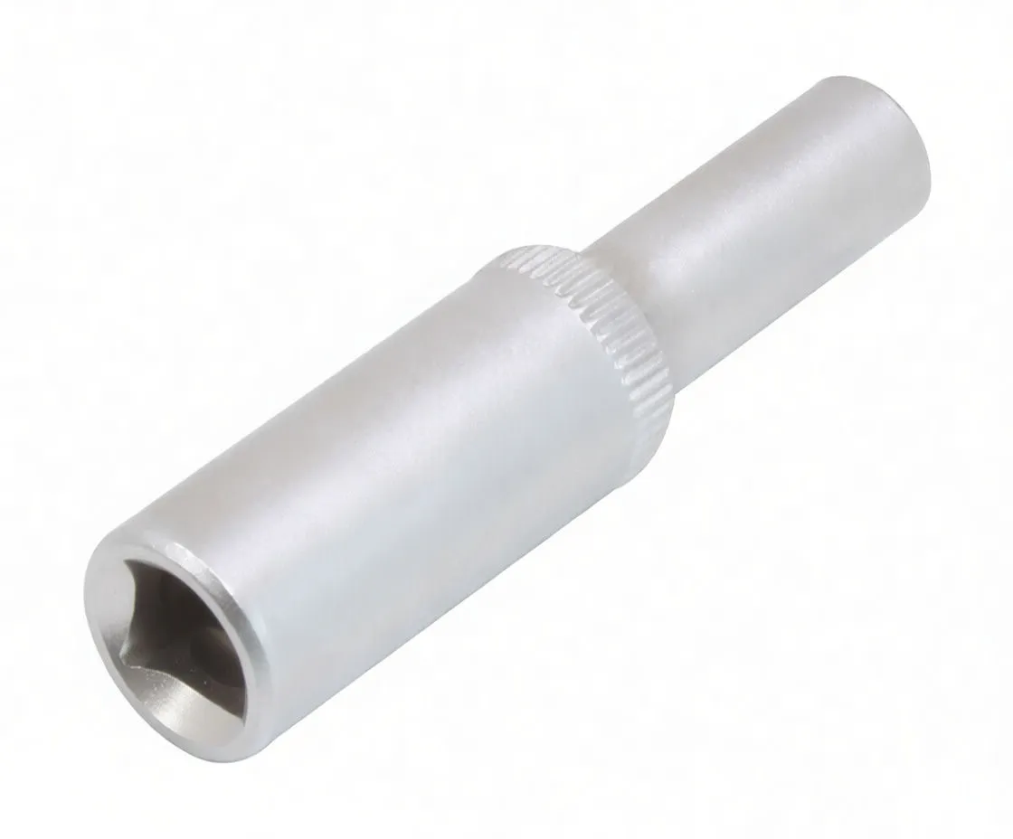 Vertical front view of a long 12-point 1/4-inch socket showing the 12-point opening, knurled ring and embossed logo on the body