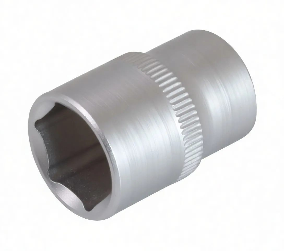 Oblique view of short 6-point socket showing drive end, knurled band and side logo