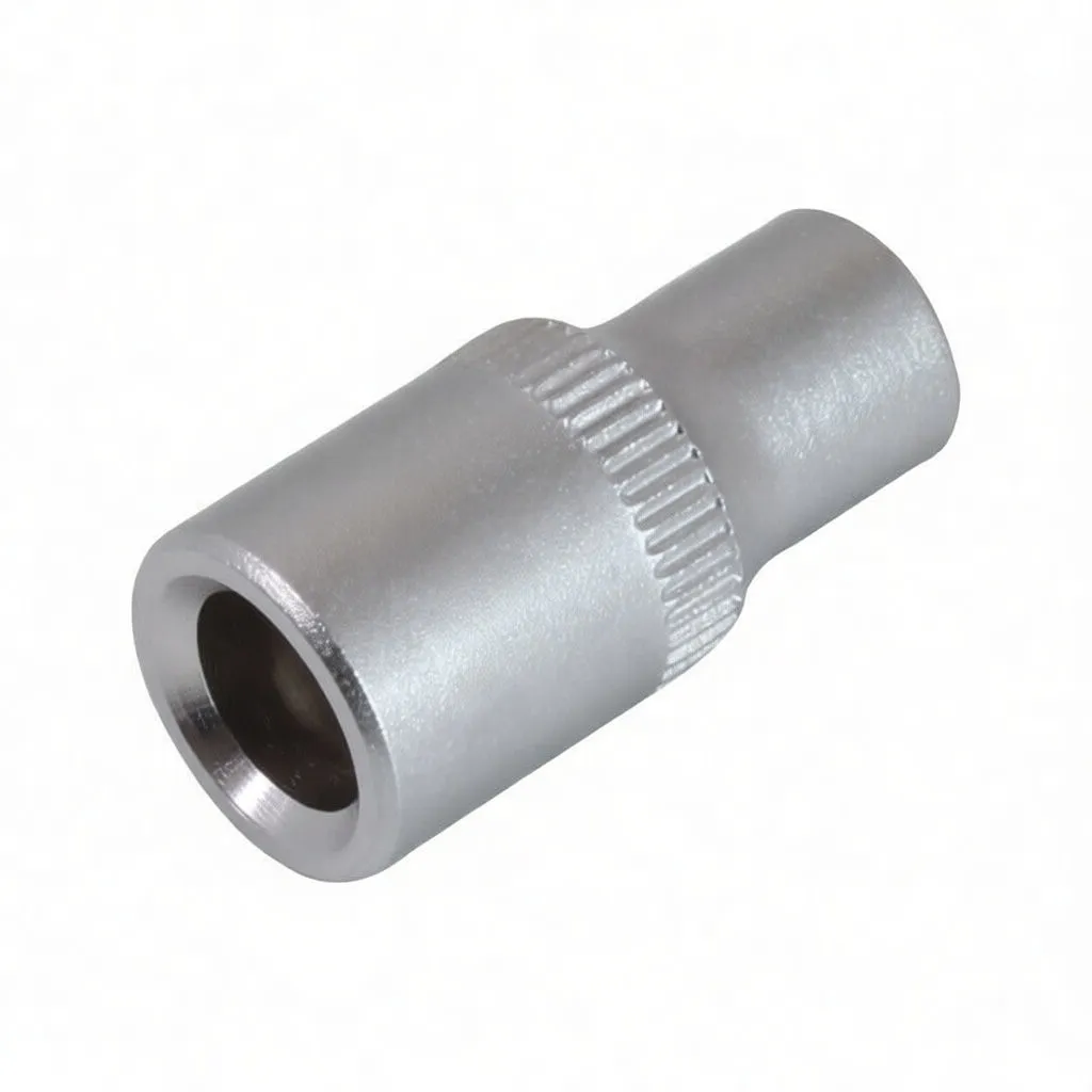 Top-down view into a short 6-point 1/4-inch socket showing internal hex profile, knurled band, and surface markings.