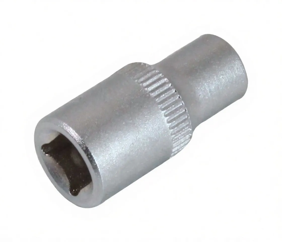 Three-quarter view of a short chrome 6-point socket with knurled ring and stamped symbols