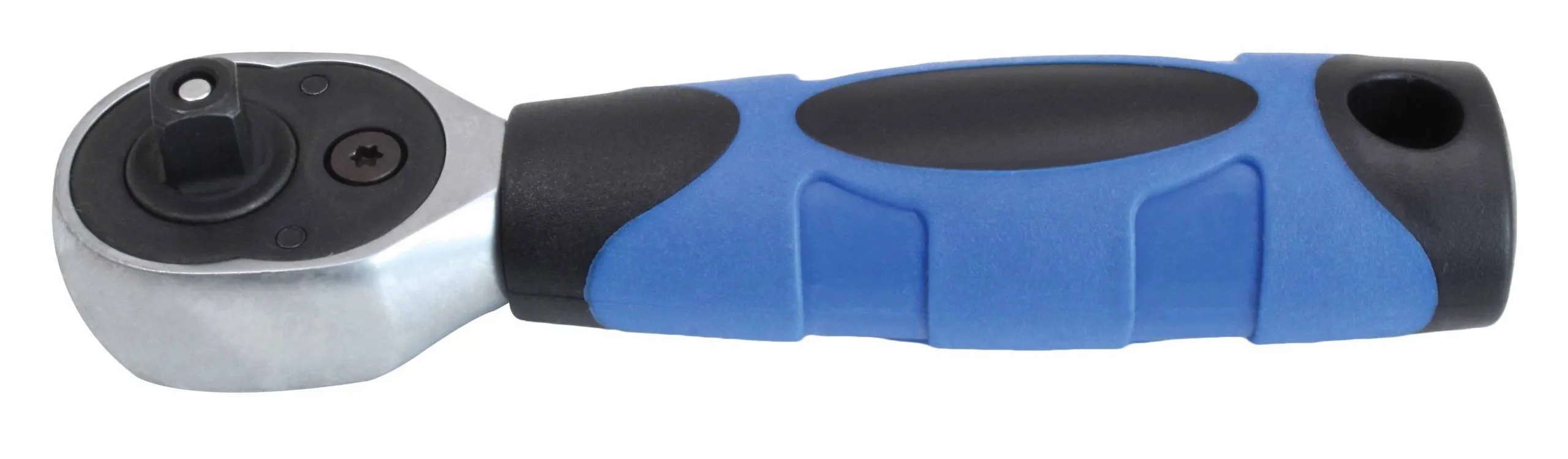 Top view of stubby 1/4-inch ratchet showing square drive and blue-and-black textured handle