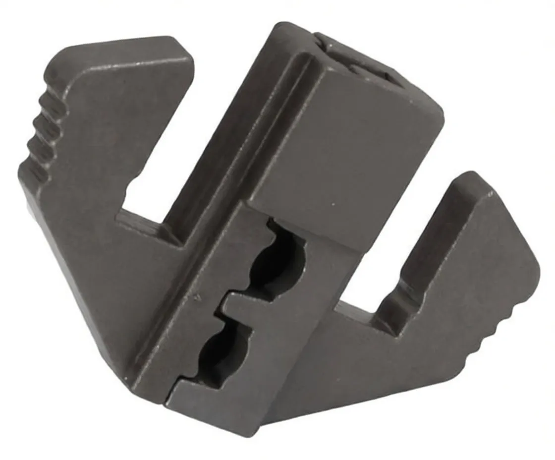 Pair of metal crimp die halves showing crimp cavities, ridged edges and a stamped number '3'