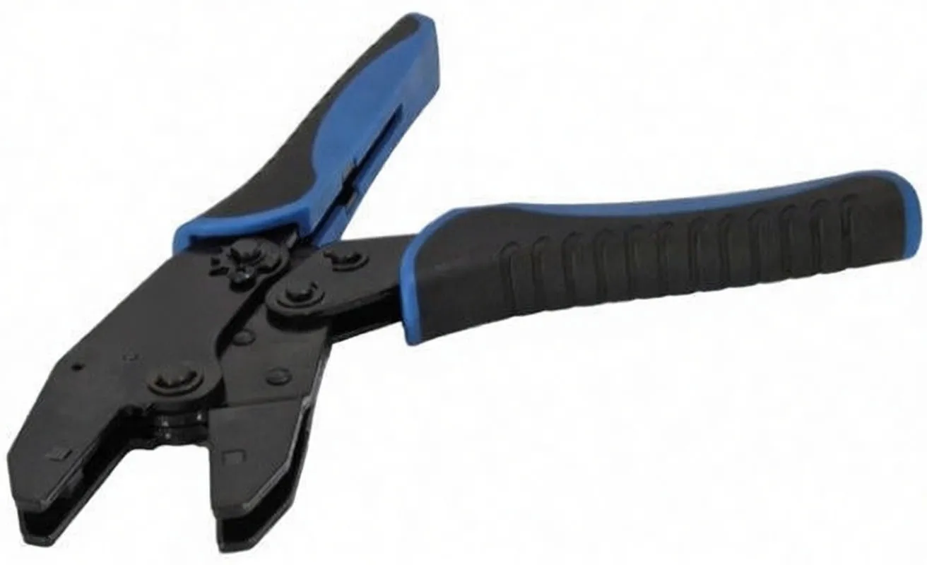 Ratchet crimper pliers with black ratchet head and blue-black ergonomic handles, visible pivot and logo