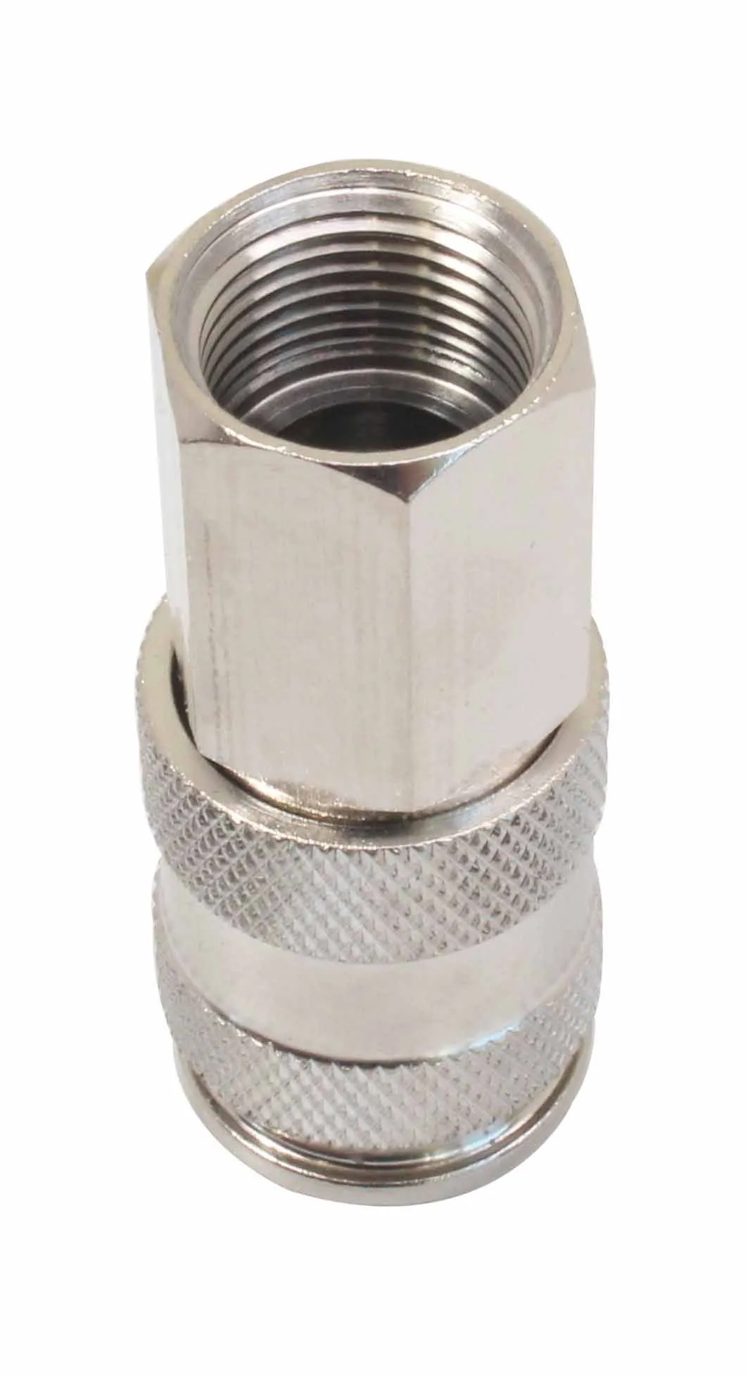 Top view into the female threaded hex end of the quick-connect coupling showing internal threads and knurled exterior