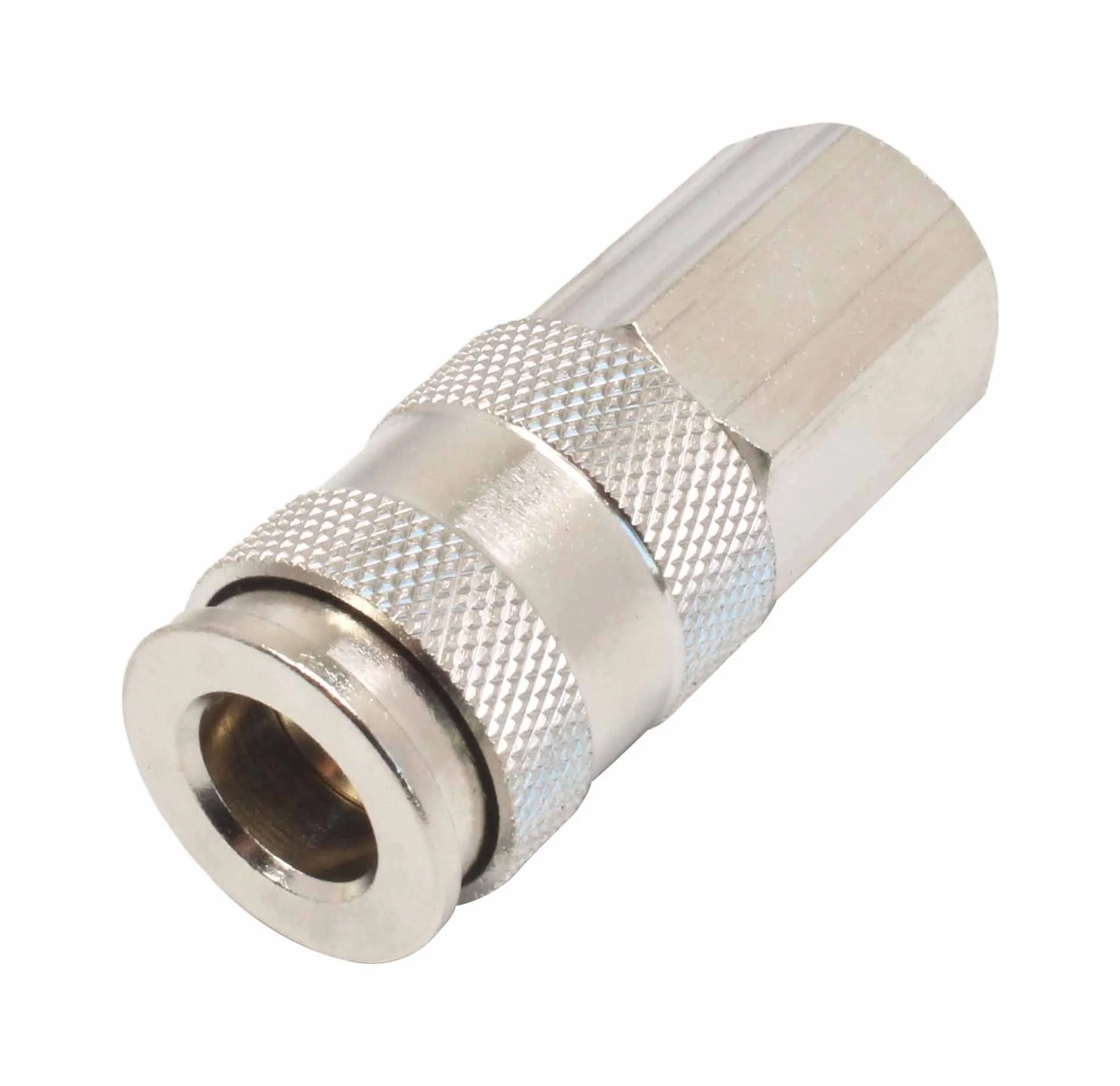 Perspective of quick connect coupling showing socket opening with brass inner sleeve, O-ring and knurled collar