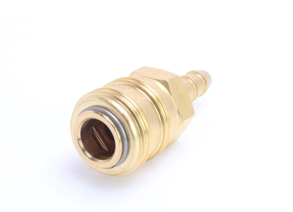 Front view into brass quick connect coupling showing internal valve, O-ring and barbed tail