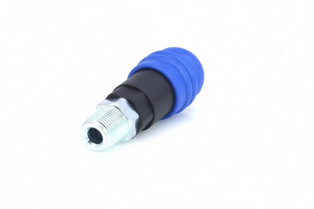 Angled side view of coupling showing silver male thread, hex nut, black body with ASTA logo and blue sleeve.