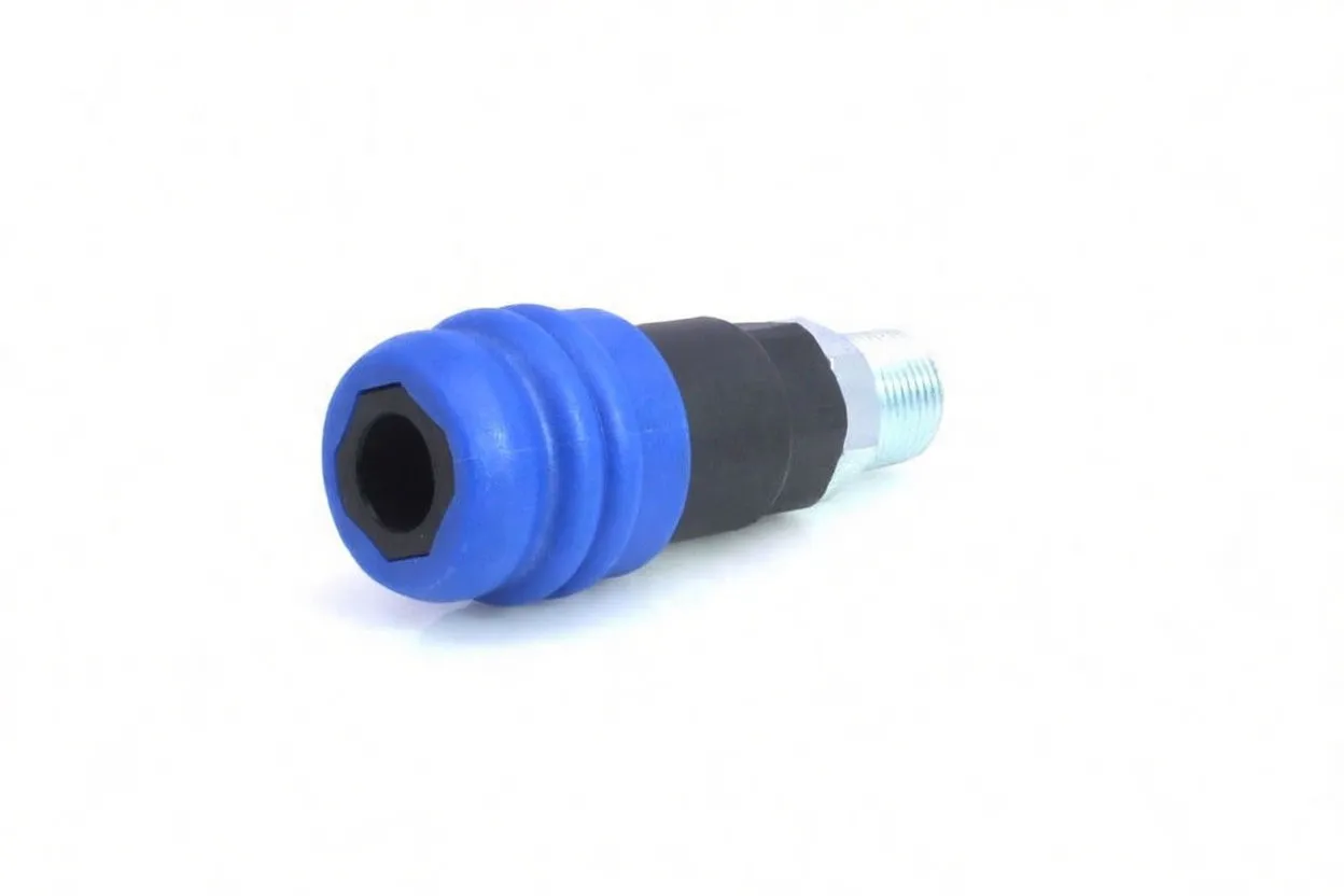 Coupling viewed from sleeve end showing blue ribbed sleeve with hexagonal inner opening, black ASTA body and male threaded tail.