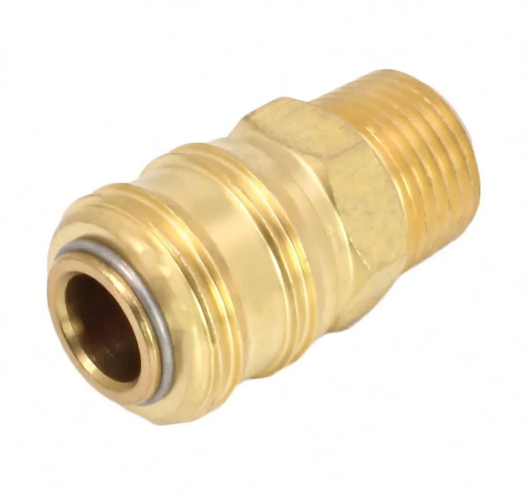 Angled side view of brass quick connect coupling with visible retaining ring and stamped size marking