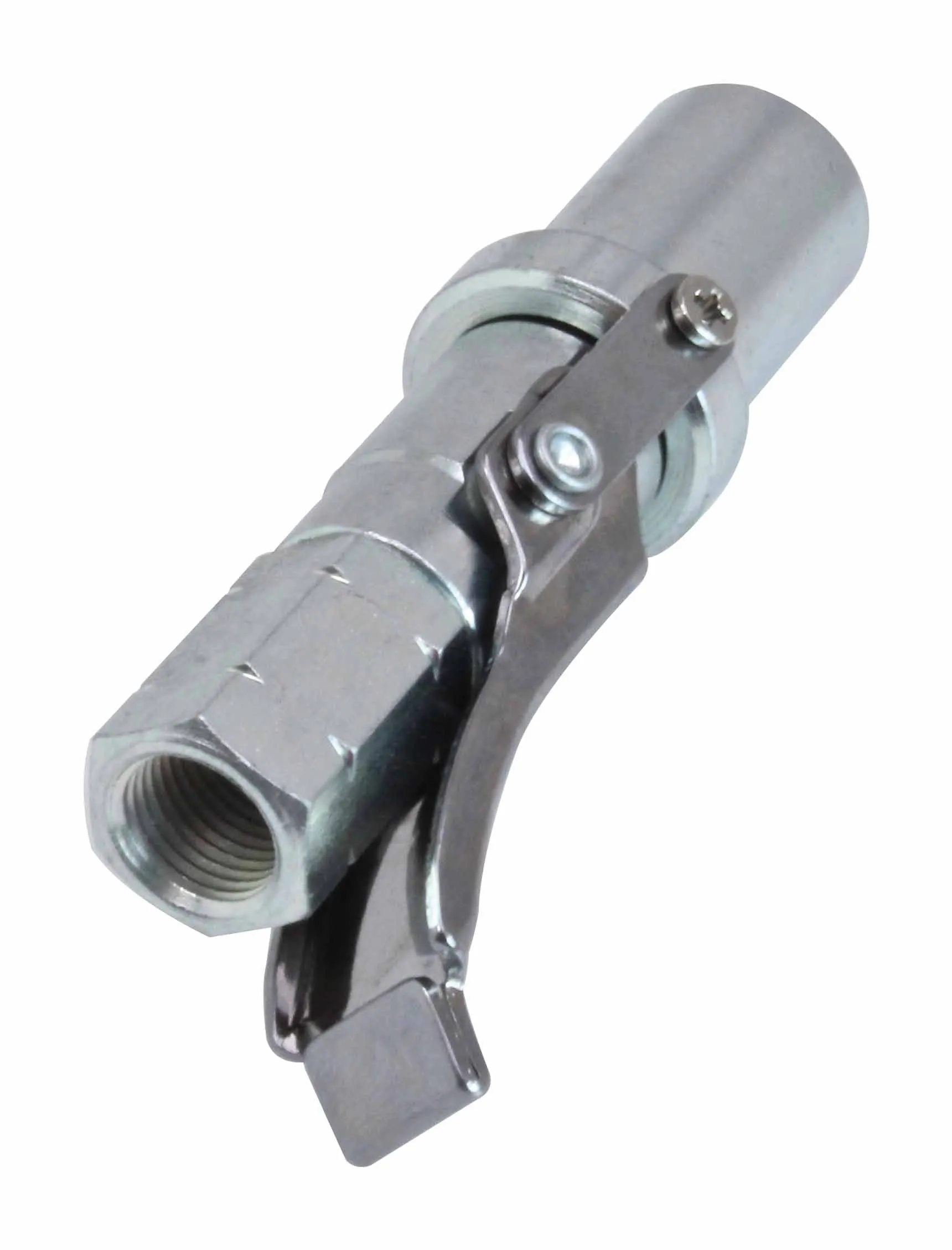 Side view of grease coupler showing female threaded inlet, hexagonal wrench section and pivoting lever latch