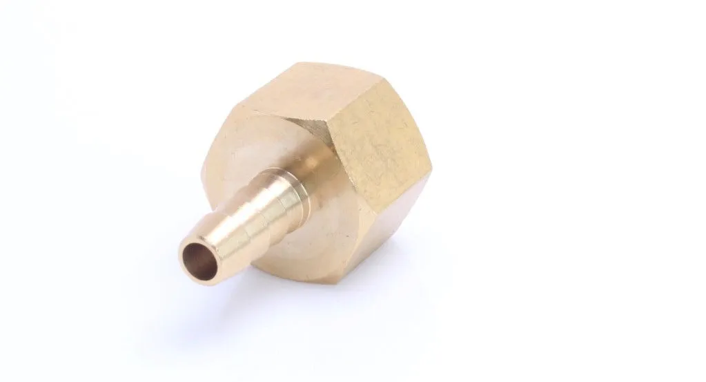 Brass quick connector with hose barb and hexagonal nut body